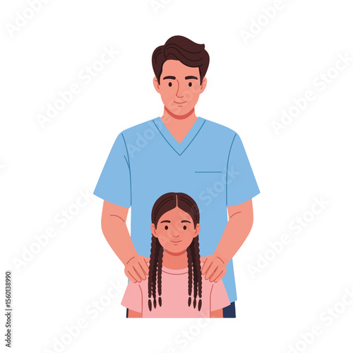A man gently places his hands on a young girl's shoulders, both smiling slightly.