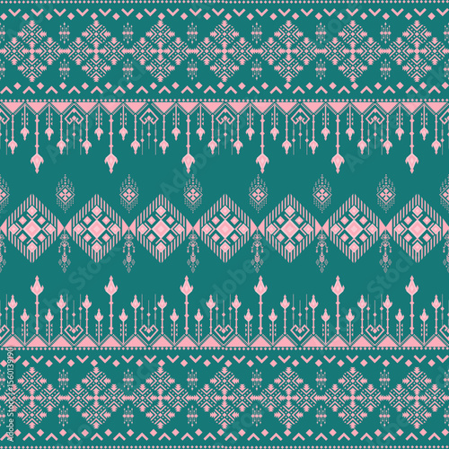 Thai geometric pattern seamless traditional fabric design.Great for fabric packaging wallpaper wrap carpet decorative illusion and decor projects. Fully editable EPS file included