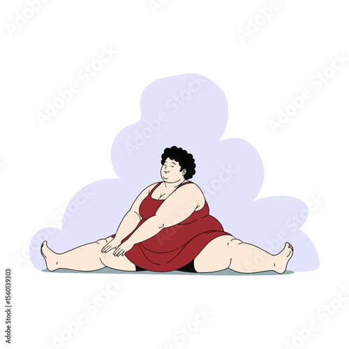 Plus size woman happily stretches in a red dress