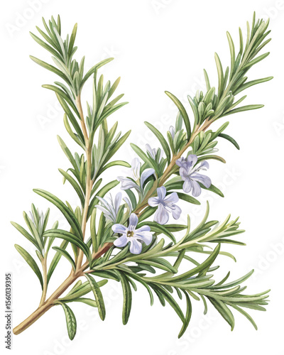vector of a rosemary herb sprig with needle-like leaves and stem detail, isolated on white background
