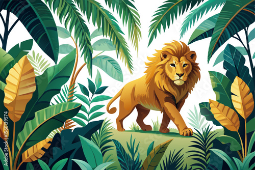 A lion walking near lush banana leaves and tropical plants, botanical seamless jungle border, white background.