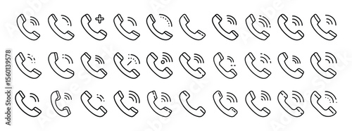 Phone icon set. Collection of handset symbols with ringing, incoming call, outgoing call, and missed call variations. Solid communication pictograms.