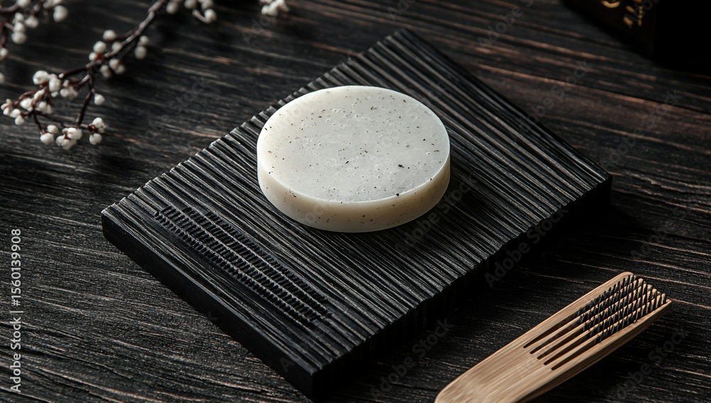 Hair comb and round soap on table with Japanese-style blackboard Hair comb and round soap on table with Japanese-style blackboard