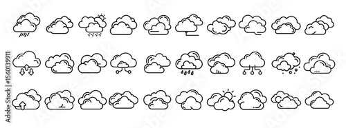 Weather icon set. Including cloud, rain, snow, thunderstorm, sun, and wind symbols. Solid weather pictograms collection.