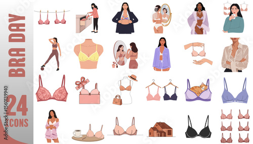 Bra Day icons featuring diverse women with bras in various styles  