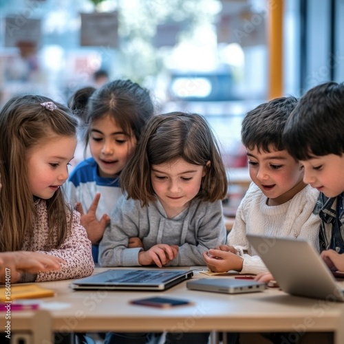 Group of children gathered around a table looking at a laptop in a bright classroom setting indoors