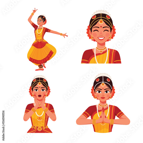 A young woman in vibrant Indian attire performs Bharatanatyam, showcasing various expressive poses and emotions.