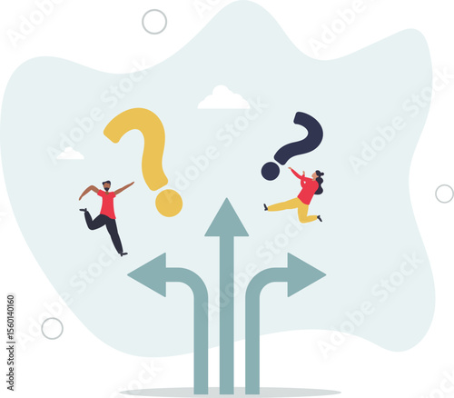 Direction choice, crossroad or decision for career path, choosing path way, challenge or opportunity doubt, determination or tough decision concept. character life .