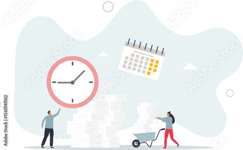 wheelbarrow full of paper documents, sorting unorganized stacks and heap.business and time management concept. character life .