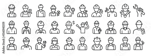 Construction worker icon set. Including builder, engineer, laborer, foreman, and technician icons. Solid icon collection with hard hats and tools.