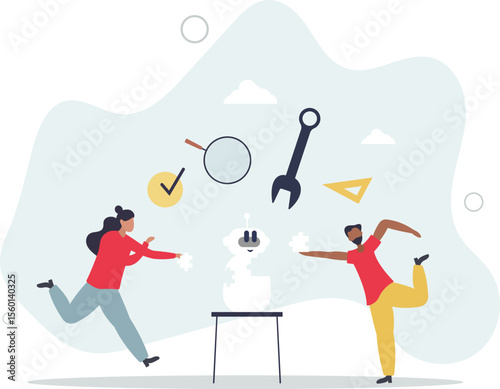 Youth in tech and teenagers work with robots coding.Programming artificial intelligence device with software and electronic engineering. character life .