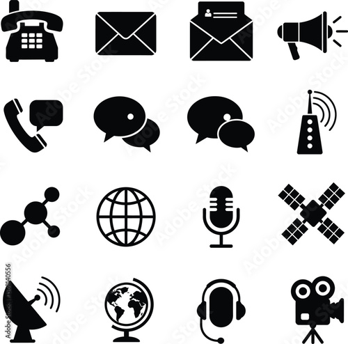 Comprehensive Communication and Technology Icon Set: Representing Digital Devices, Media, Marketing, Broadcasting, and Global Connectivity.