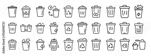 Trash bin icon set. Containing delete, garbage, waste, recycle, remove, disposal, bin and trash icons. Solid icon collection.