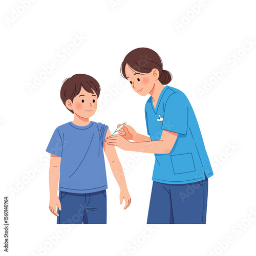 A nurse administering a vaccine to a young boy in a medical setting, promoting health and immunization.