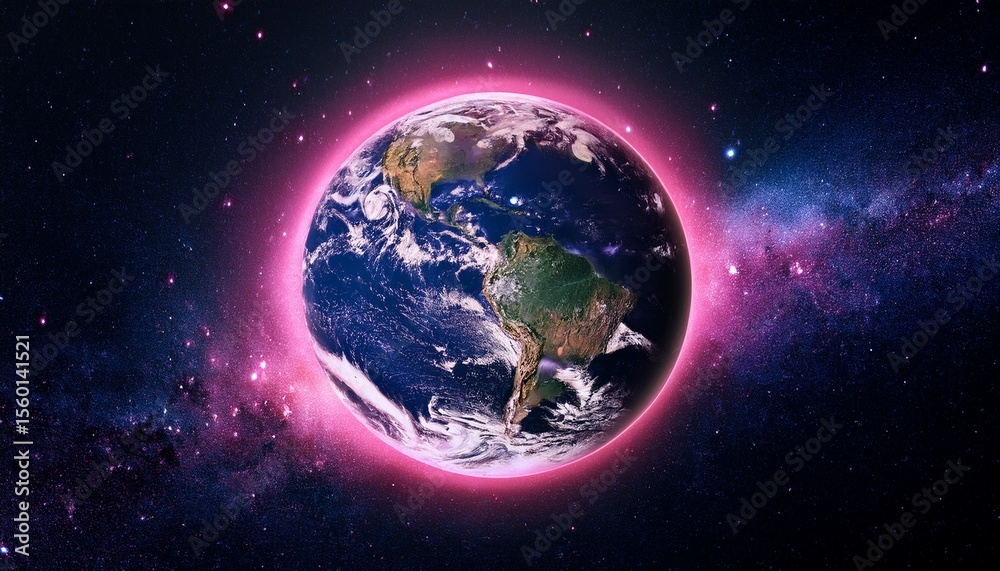 Fototapeta premium rotating earth in space with pink highlights