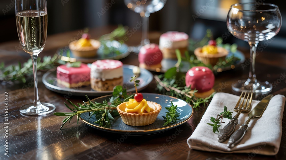 Gourmet dessert assortment with fruit tart, mousse cakes and herbs on rustic table beside sparkling champagne flute, set for refined celebration mood. Gourmet dessert assortment with fruit tart, mousse cakes and herbs on rustic table beside sparkling champagne flute, set for refined celebration mood.