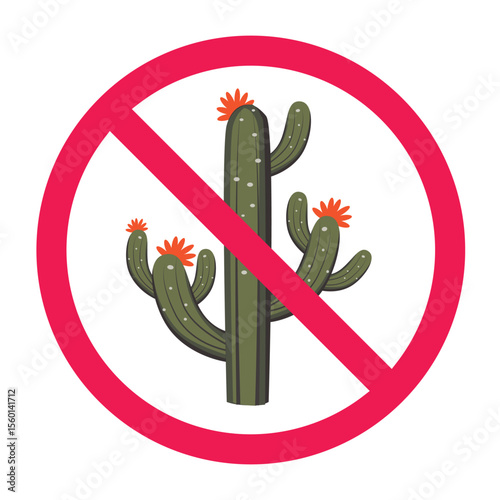Forbidden sign with cactus tree icon, no cactus plant allowed sign, cactus prohibition symbol, isolated on white background