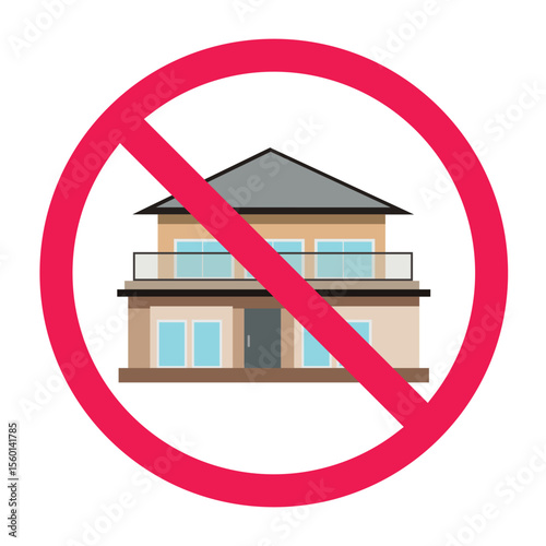 Forbidden sign with house building icon, no home allowed sign, house prohibition symbol, isolated on white background