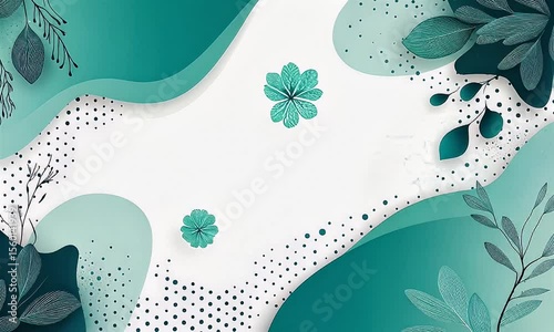 Abstract background with teal and green leaves and shapes