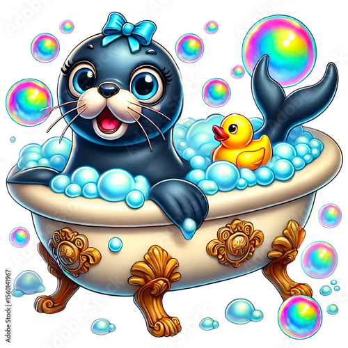 Smiling cartoon seal with blue bow in a bubble-filled vintage bathtub and rubber duck. Surrounded by colorful soap bubbles. Concept for children and family centers, play areas, entertainment decor.