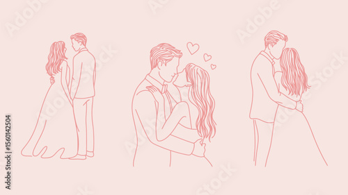 Romantic wedding illustration of couple in love kissing and embracing for wedding invitation and save the date 100
