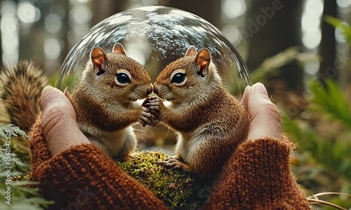 Two chipmunks inside a glass sphere, held by hands.