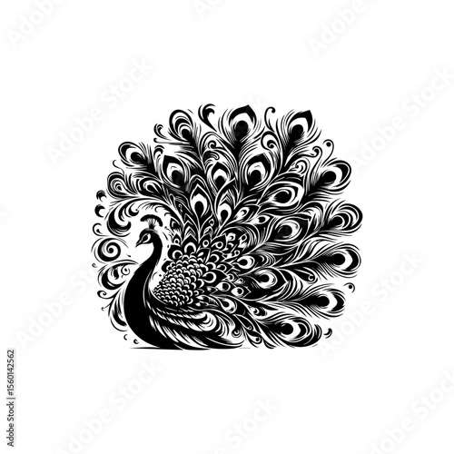 Silhouette of a majestic peacock displaying its elaborate, ornate tail feathers.
