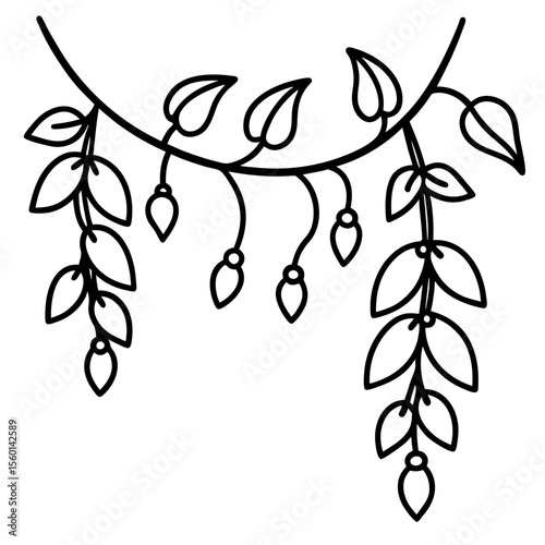 Delicate Leafy Vine — Black Line Art on White
