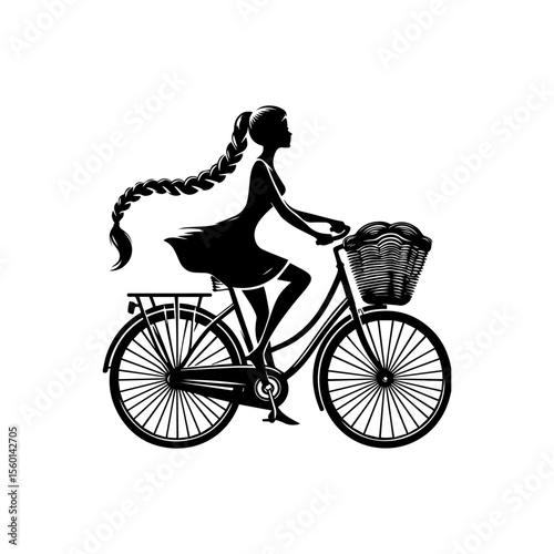 Silhouette of a woman riding a bicycle with a basket, conveying a sense of leisure and freedom.