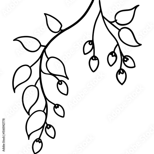 Delicate Leafy Vine — Black Line Art on White
