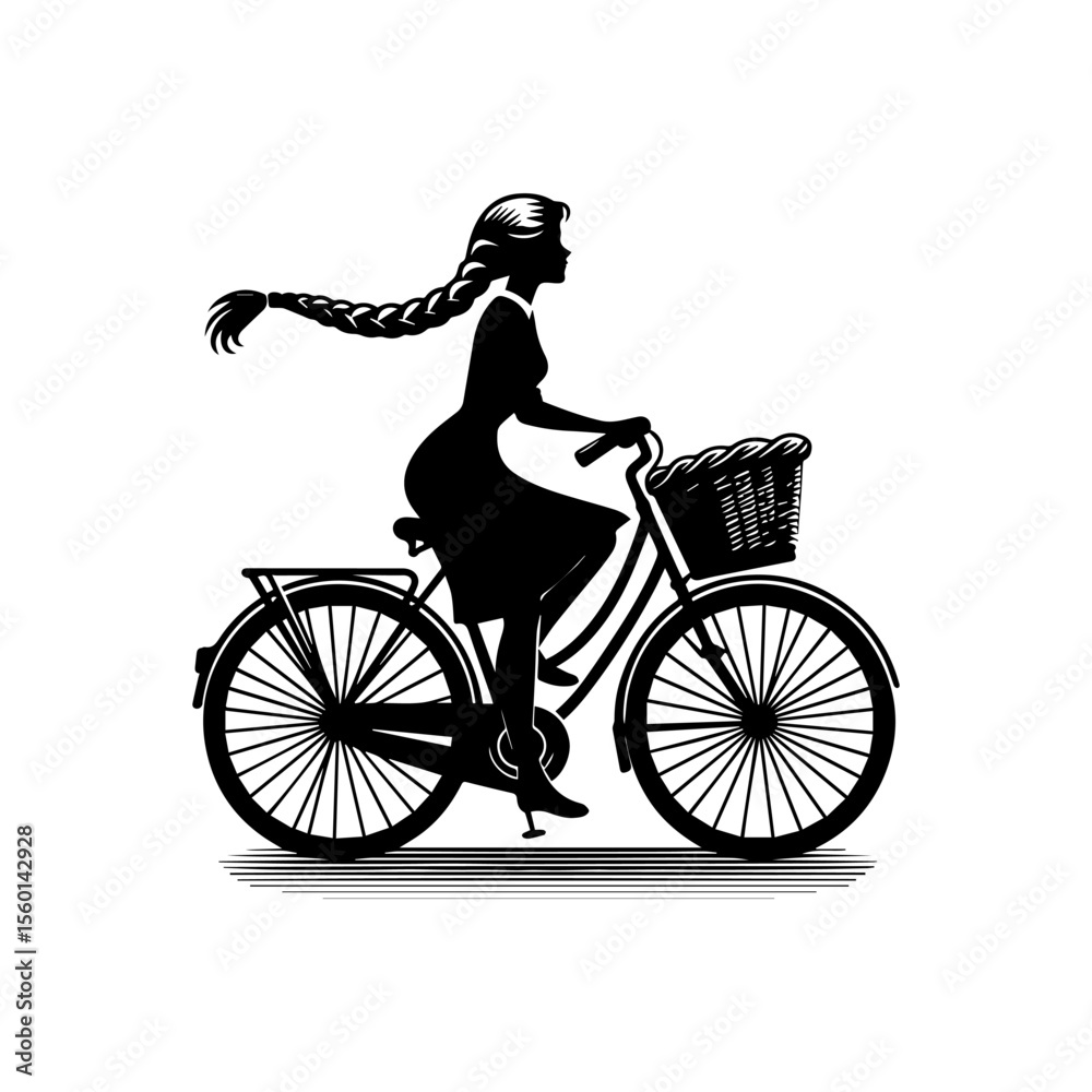 Obraz premium Silhouette of a woman with long braid riding a bicycle with a basket.