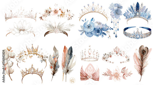 Elegant watercolor illustrations of tiaras, crowns, feathers, and floral headpieces in soft and pastel tones, perfect for bridal or fantasy themes.

