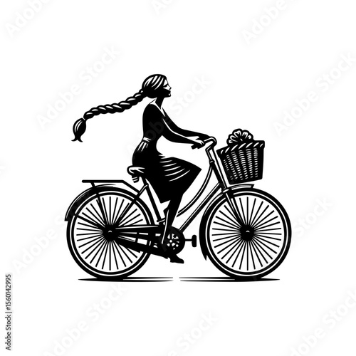 A woman with long braided hair rides a bicycle, carrying a basket of flowers.