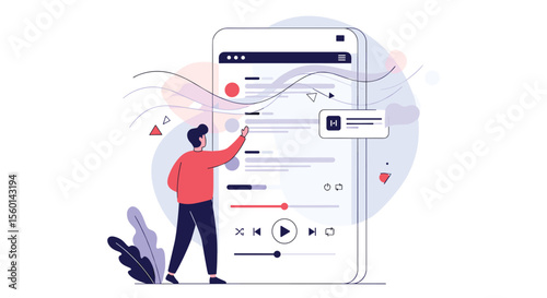 Man Using Mobile Phone App Interface for Music Playlist Management and Personalization Concepts
