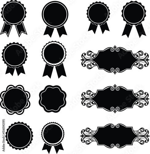 Elegant Vintage Scrollwork Banner and Ribbon Silhouettes: Decorative Frames, Labels, Badges, and Ornate Design Elements Collection.