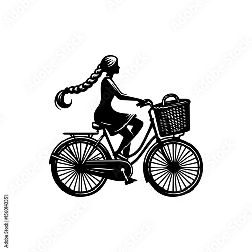 Silhouette of a woman riding a bicycle with a basket.
