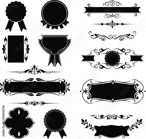 Elegant Vintage Scrollwork Banner and Ribbon Silhouettes: Decorative Frames, Labels, Badges, and Ornate Design Elements Collection.