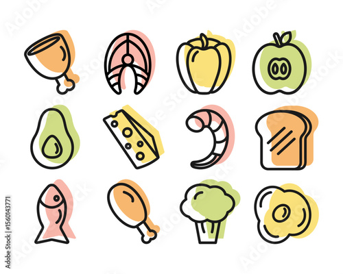 Vector icons of healthy food in linear style, colorful. Fish, meat, chicken, fruits and vegetables, for designing an app, menu, cooking blog, website.