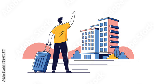 A Person with a Suitcase Looking at a Hotel Building During Travel Holiday