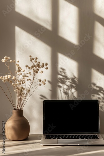 Front view of laptop with blank mockup screen, beige flowers in clay vase on a table, beige wall with a window shadow, minimalist interior design style, aesthetic background
