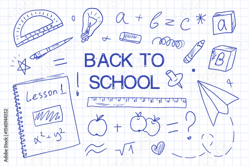 Banner Welcome Back to school. Doodle style school supplies drawn with a pen on a checkered paper page. Horizontal poster with text space, background with school supplies in vector