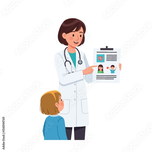 A doctor explains medical records to a young patient.