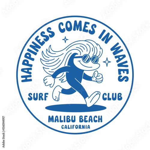 Blue Surf Club Logo with Running Wave Character surfing
