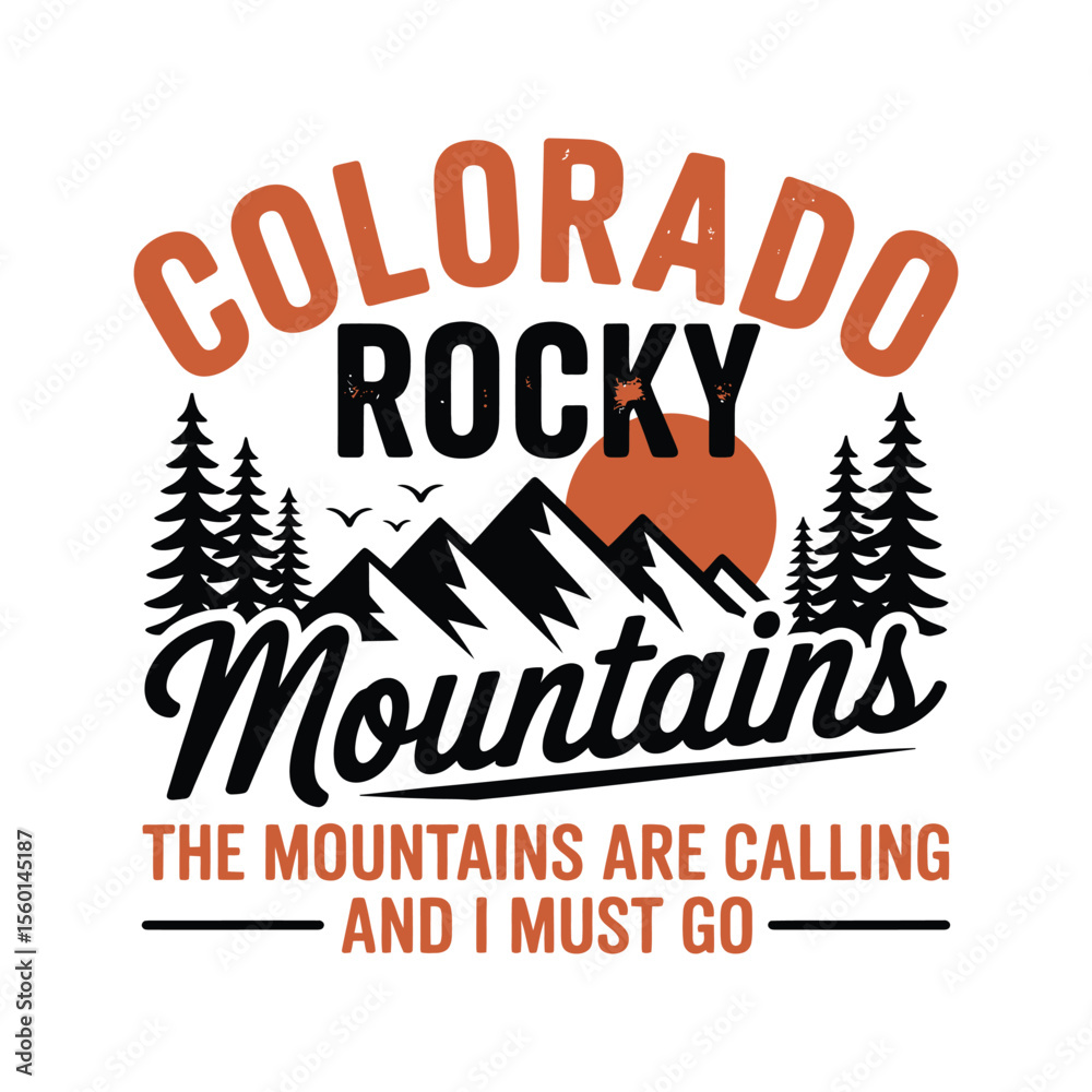 Obraz premium Colorado Rocky Mountains Graphic with Trees Birds and Sun