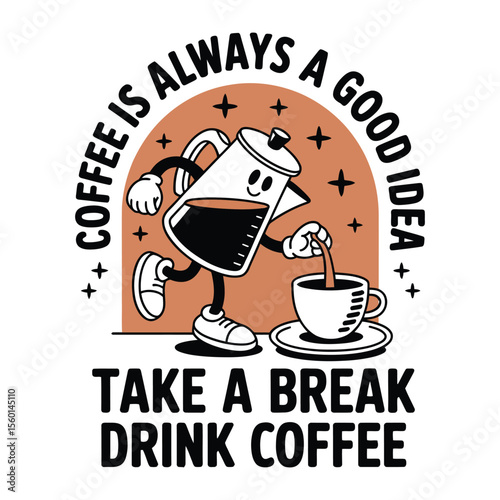 Coffee Pot Character Pouring Coffee into a Cup Illustration