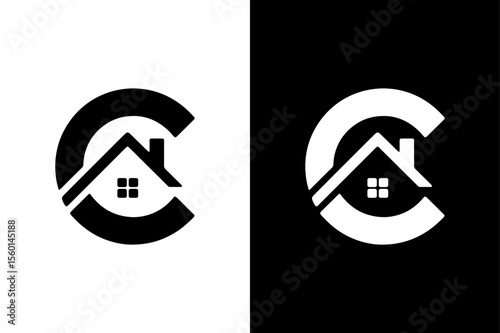 C Letter House Logo icon illustration on white and black background.