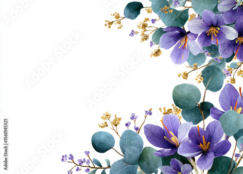 Watercolor floral border with eucalyptus leaves and purple flowers creating a stunning frame