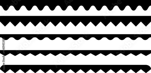 scalloped border shape. Texture ribbons. elements seamless frame. Wave edge seamless stripes for divide and separate. Black repeated squiggle stroke pack
