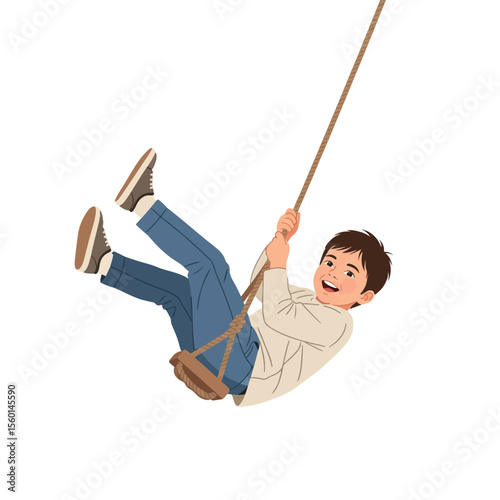 Happy boy joyfully swinging high on a rope swing, enjoying carefree playtime.