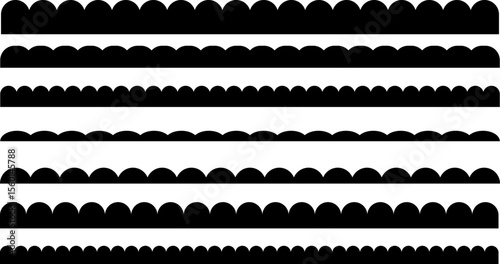 Scalloped seamless set.  scallop edge lace borders. Repeat cute vintage frill ornaments. Texture ribbons. black repeated squiggle stroke pack